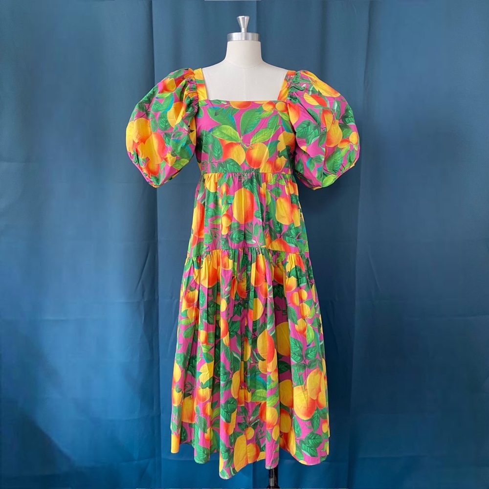 Farm Rio Orange Sunset Puff Sleeve Tiered Midi Dress